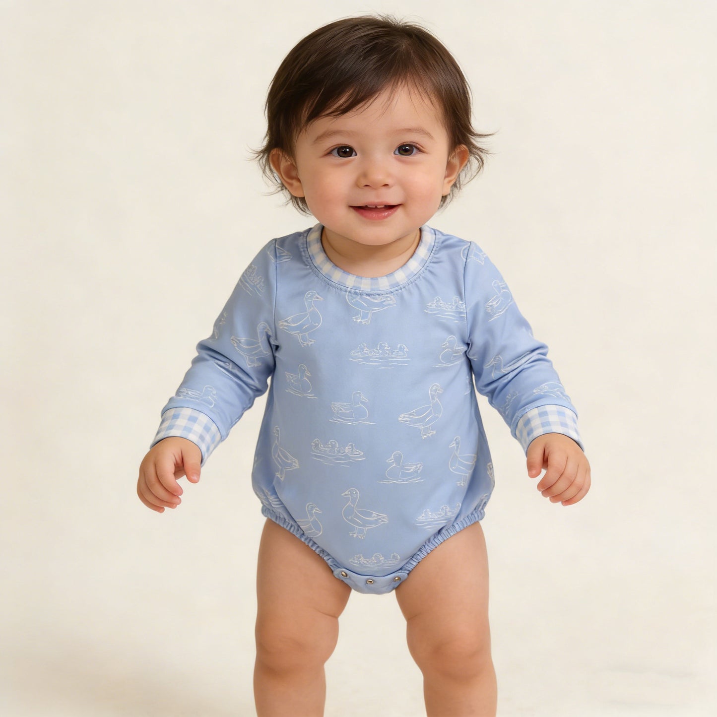 4.2 LR2969 RTS NO MOQ （In stock) Long sleeves light blue duck baby boys romper