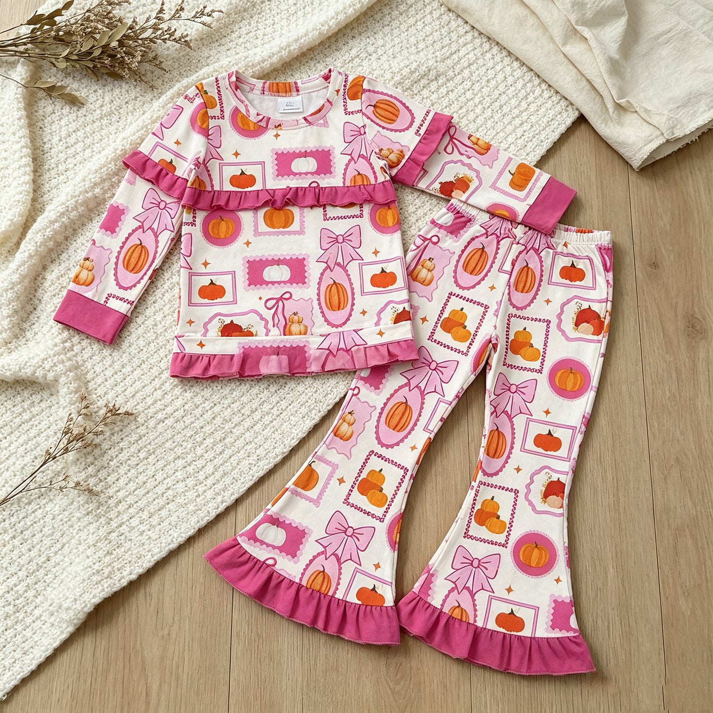 RTS NO MOQ milk silk GLP3504 Baby Girls Pumpkin Plaid Print Bow Long Sleeve Top Pants Set