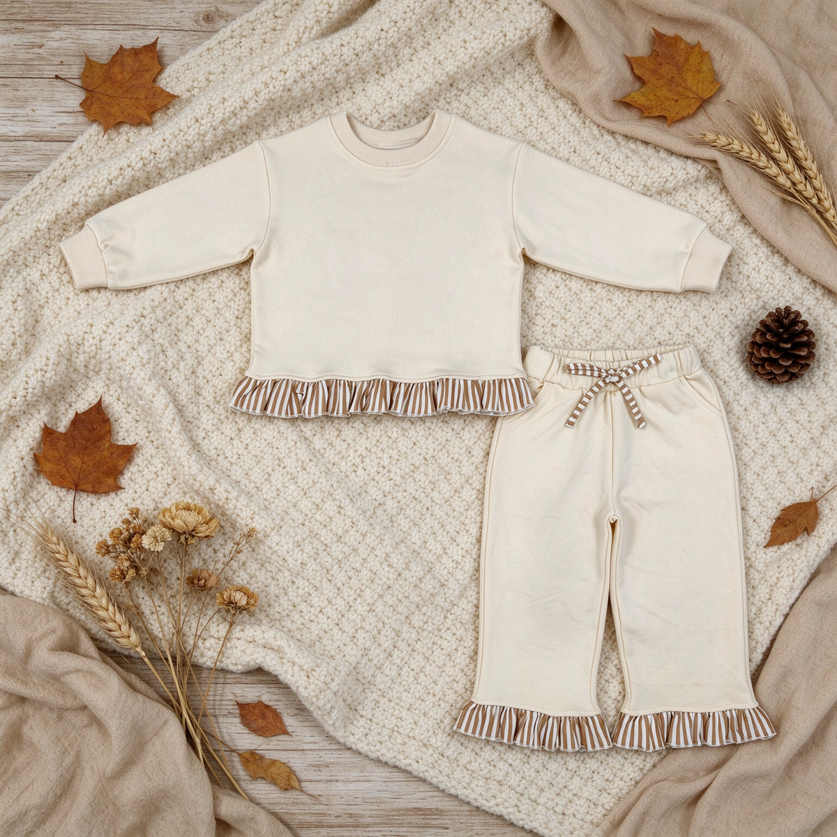 RTS NO MOQ （In stock）fleece GLP3645 Sweatshirt Material Kids Girls Beige Long Sleeve Top Pockets Pants Sweatshirt Fall Outfit