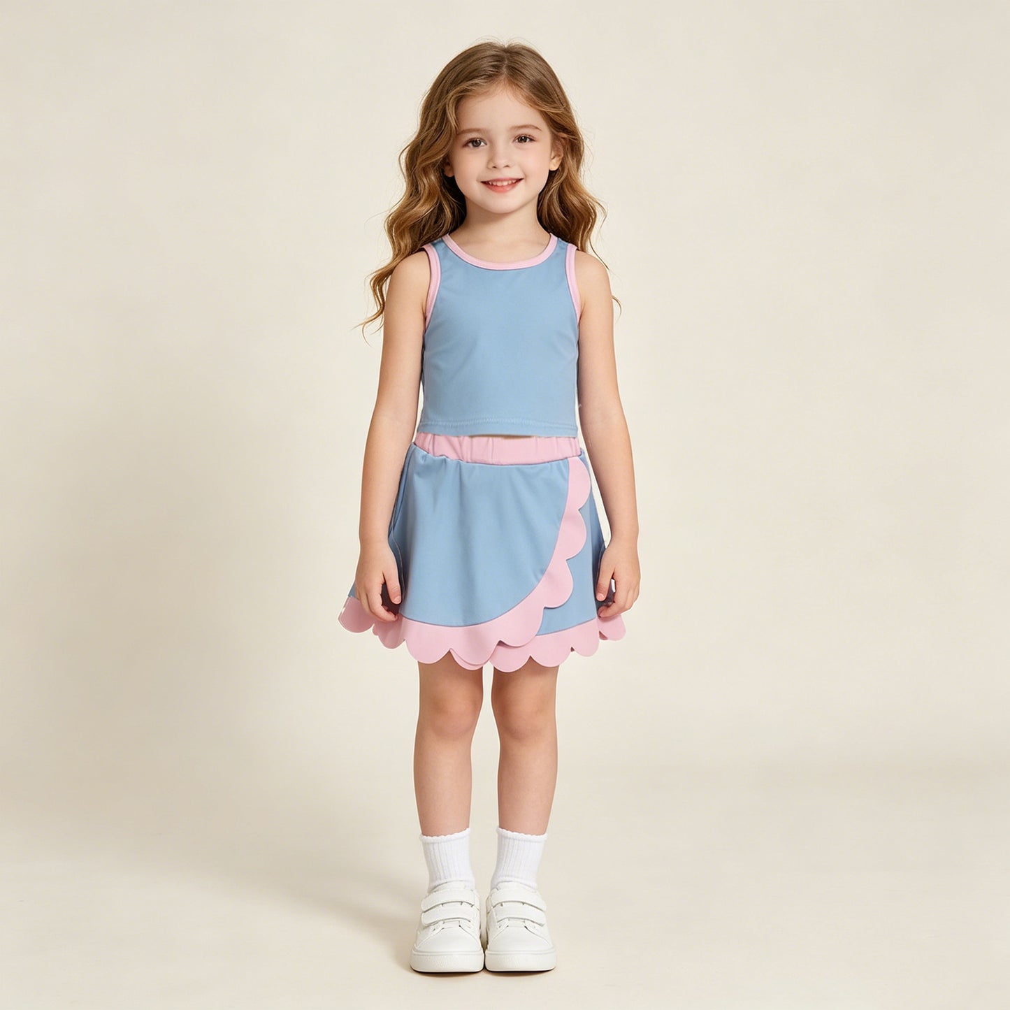 GSD4014 RTS NO MOQ （In stock）Baby Girls Sleeveless Blue Vest Scallop Skirt Short Yoga Active Clothes Set