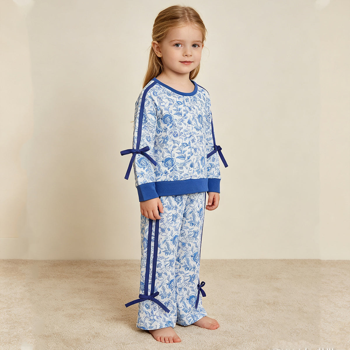 RTS NO MOQ milk silk GLP3364 Baby Girls Blue Flowers Top Bows Pockets Flare Pant Fall Clothes Sets