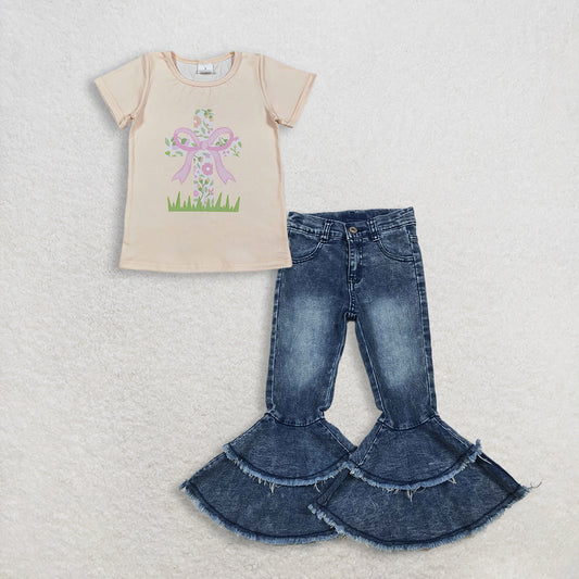 3.6 RTS NO MOQ （In stock）GT1397 + C5-15 Baby Girls Short Sleeve Flowers Cross Easter T-shirts Top Denim Pants Jeans Clothes Sets