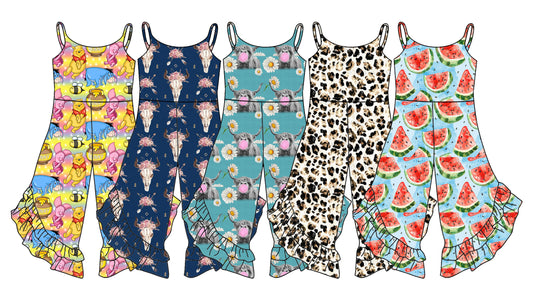 Adorable Baby Girls' Jumpsuit with Navy Straps, Bull Skull, Floral and Arrow Ruffle Details