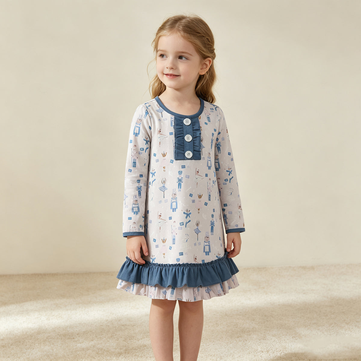 RTS NO MOQ （In stock）milk silk GLD0874 Baby Girls Blue Pink Soldier Dancers Button Ruffle Knee Length Dresses