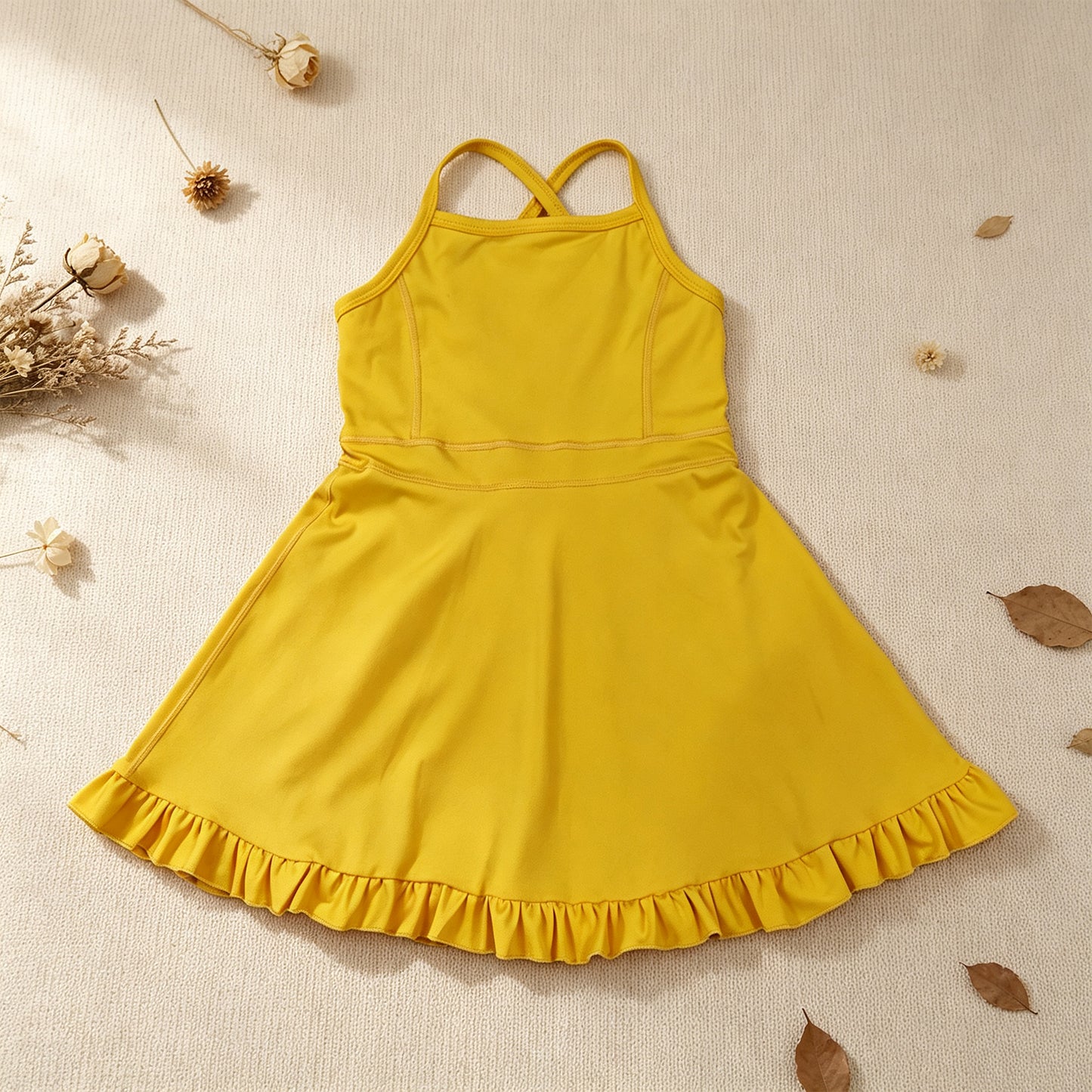 RTS NO MOQ （In stock）yoga fabric S0781 Baby Girls Yellow Athletic Active Wear Knee Length Dresses