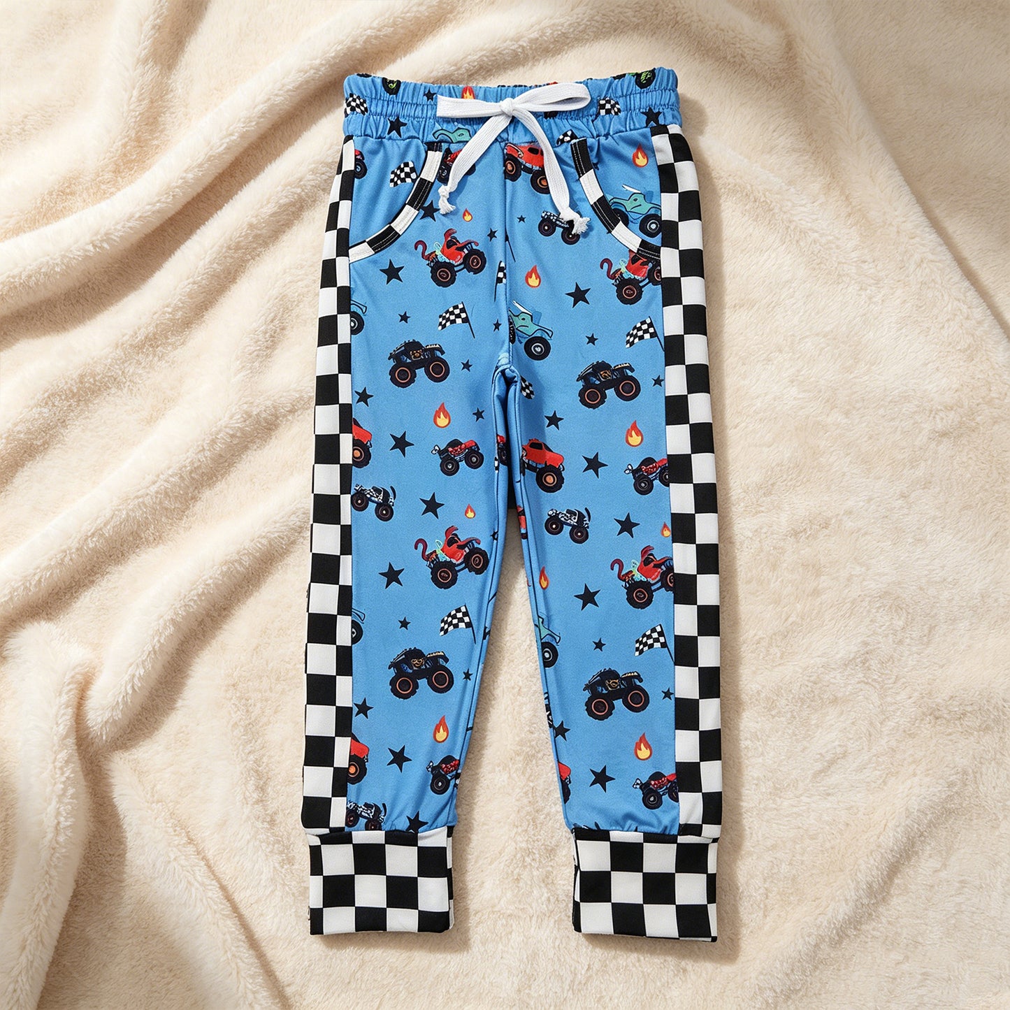 P0950 RTS NO MOQ （In stock）Black plaid blue trucks kids boys pants