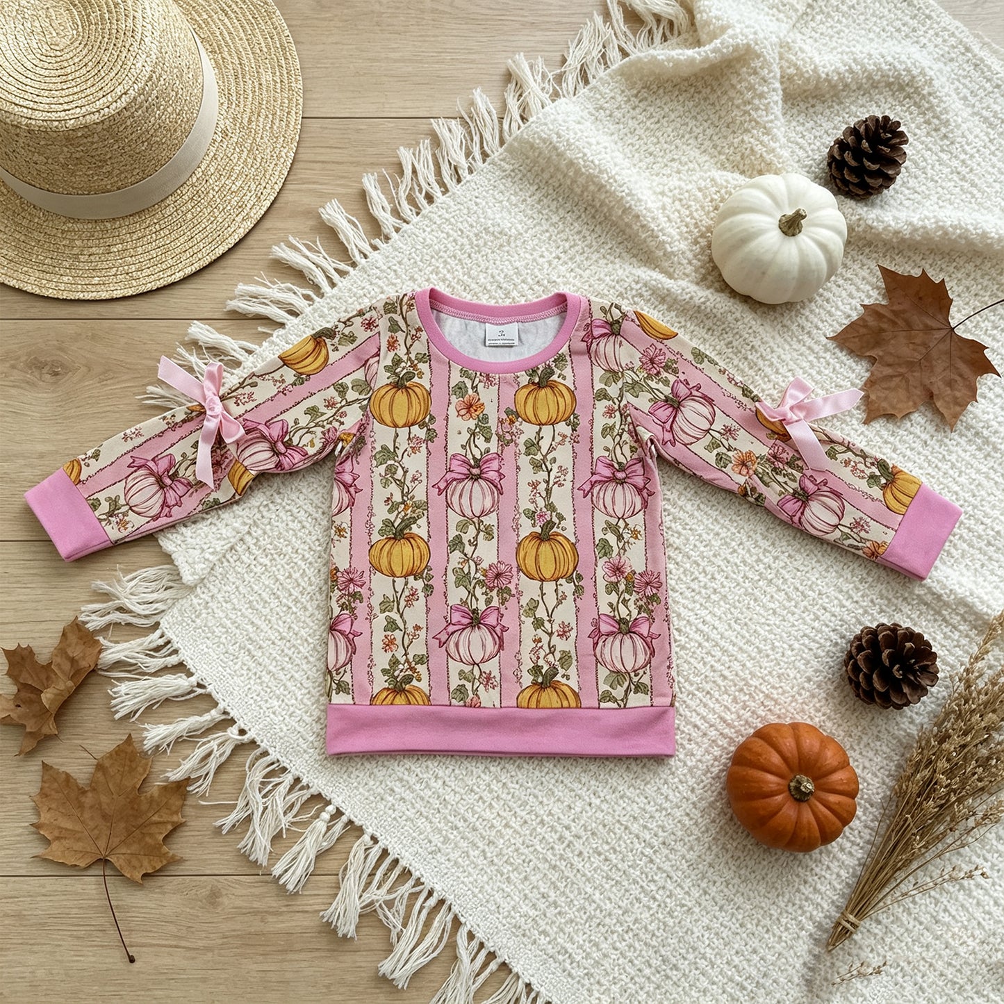RTS NO MOQ （In stock）GT1659 milk silk Baby Girls Long Sleeve Colorful Flowers Pumpkins Stripe Fall T-shirt Top