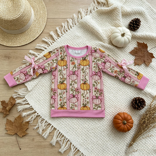 RTS NO MOQ （In stock）GT1659 milk silk Baby Girls Long Sleeve Colorful Flowers Pumpkins Stripe Fall T-shirt Top