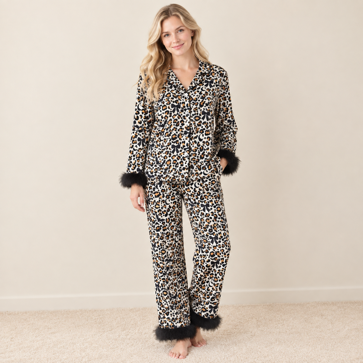 RTS NO MOQ （In stock）milk silk GLP3639 Adult Women Leopard Bats Button Top Pant Fur Sleeves Halloween Pajamas Set