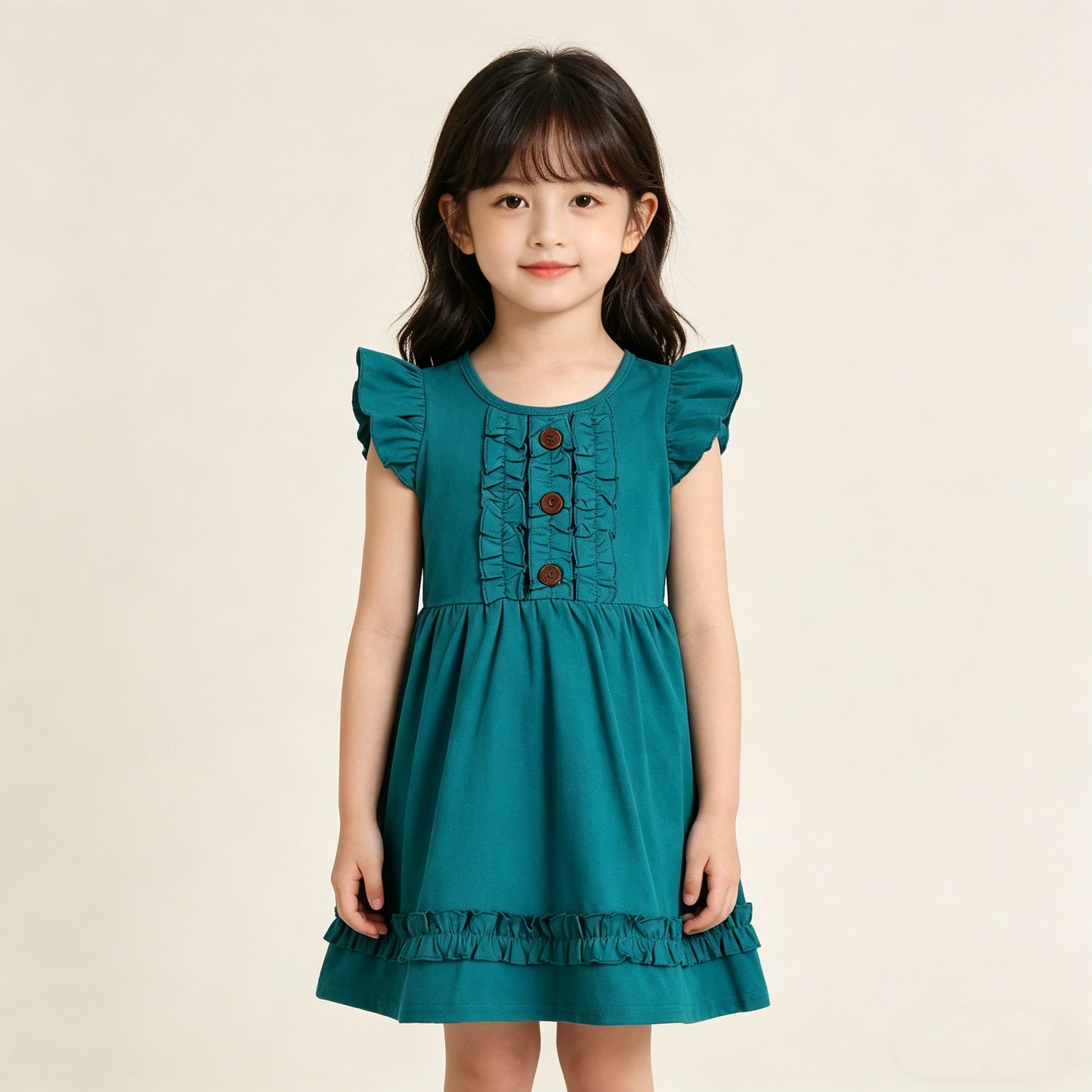 4.11 GSD4094 RTS NO MOQ （In stock ）Baby Girls Flutter Sleeve Dark Green Button Ruffle Knee Length Dresses