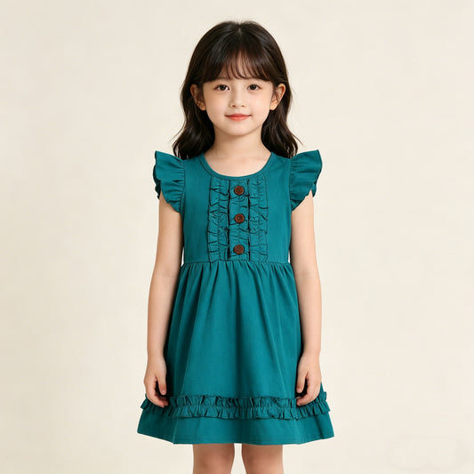 4.11 GSD4094 RTS NO MOQ （In stock ）Baby Girls Flutter Sleeve Dark Green Button Ruffle Knee Length Dresses