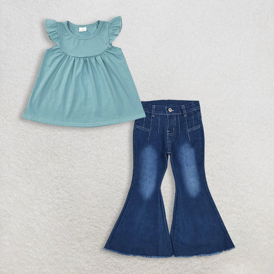 3.10 RTS NO MOQ （In stock）GT0460 + P0457 Baby Girls Blue Cotton Flutter Sleeve Tunic Tops Denim Pants Jeans Clothes Set