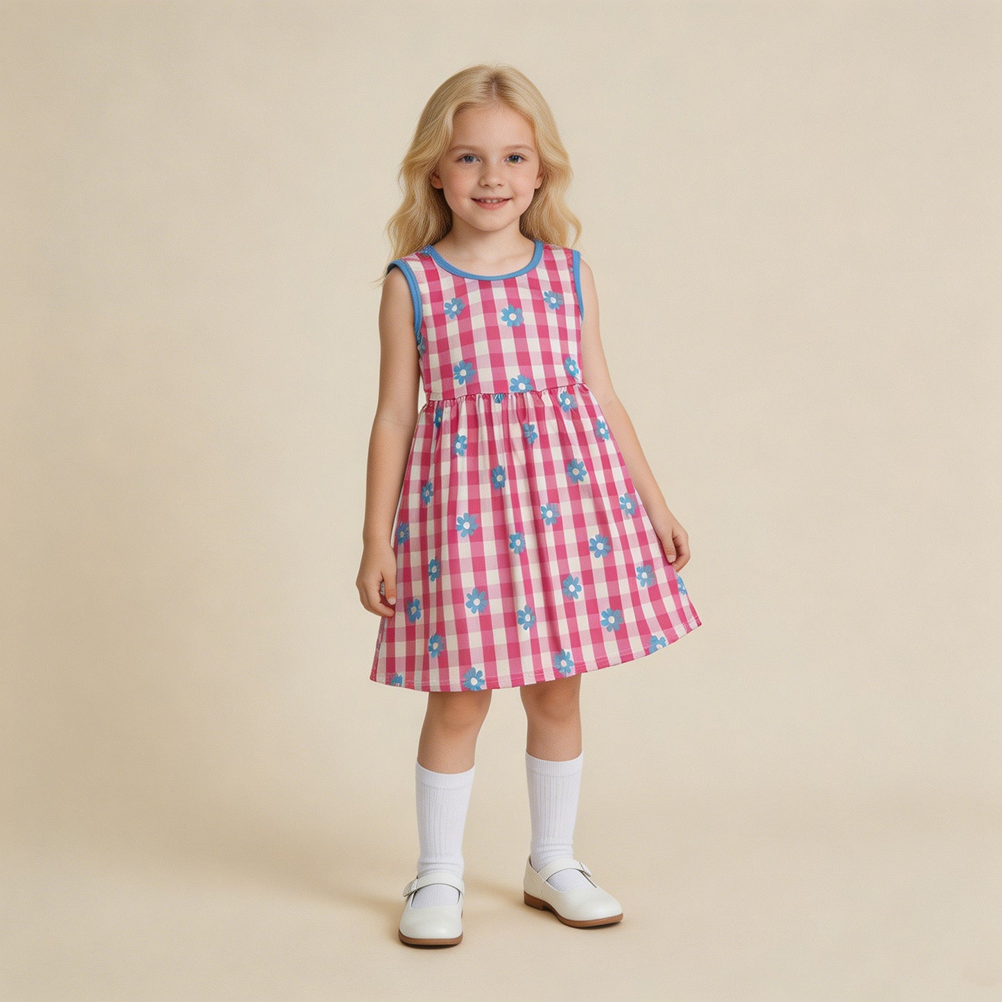 GSD4007 RTS NO MOQ （In stock ）Hot pink plaid floral sleeveless kids girls dresses