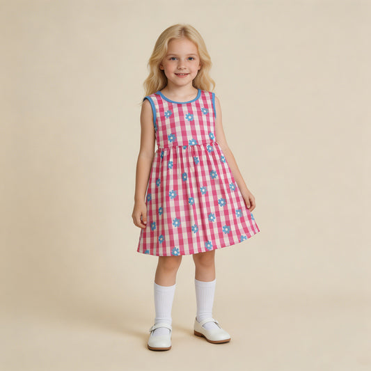 GSD4007 RTS NO MOQ （In stock ）Hot pink plaid floral sleeveless kids girls dresses