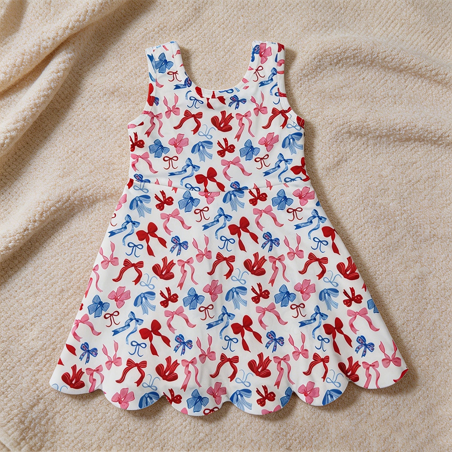 GSD3809 RTS NO MOQ （In stock）Red blue bow scallop kids girls 4th of july athletic dress（副本）