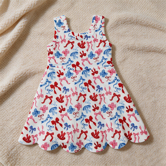 GSD3809 RTS NO MOQ （In stock）Red blue bow scallop kids girls 4th of july athletic dress（副本）