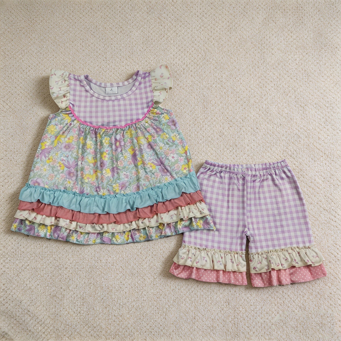 GSSO3485 RTS NO MOQ （In stock ）Flutter sleeves floral ruffle tunic plaid shorts girls outfits