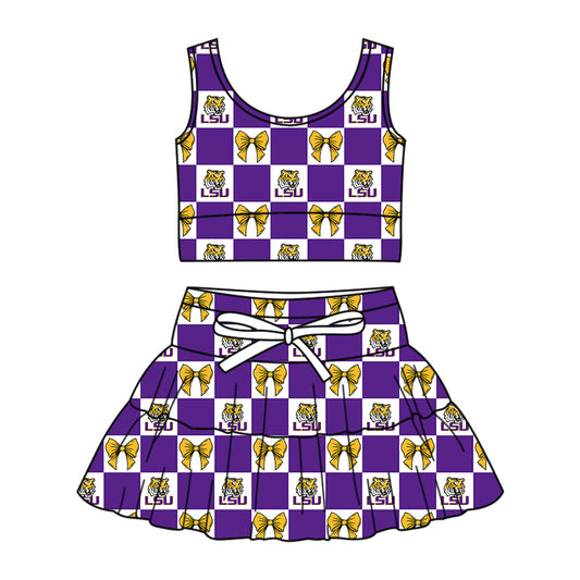 CUSTOM MOQ 5 Kids Clothing for Girls Baby Girls Purple Bow Plaid Top Skirts Yoga Active Team Clothes Sets