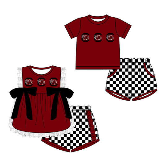 CUSTOM MOQ 5 Cute Comfortable Clothing For Kids Sibling Boys Baby Girls Summer Dark Red C Top Checked Shorts Team Clothes Sets