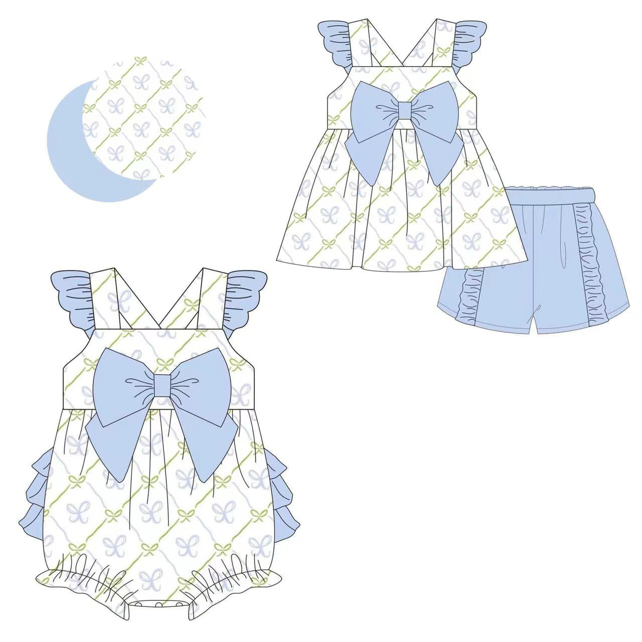 Baby Girls Blue Flutter Sleeves Bows Plaid Tunic Ruffle Shorts Set