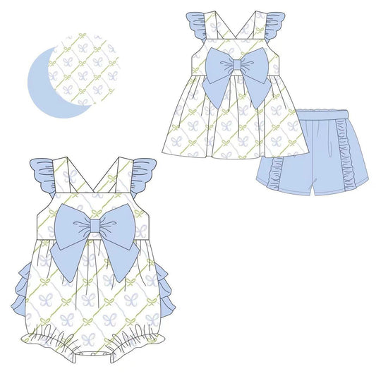 Baby Girls Blue Flutter Sleeves Bows Plaid Tunic Ruffle Shorts Set