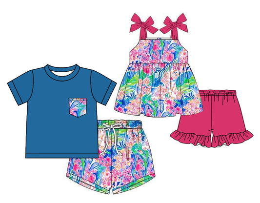 Blue Watercolor Short Sleeve Top And Shorts Set Kids Boys Clothing Casual Breathable Outfit