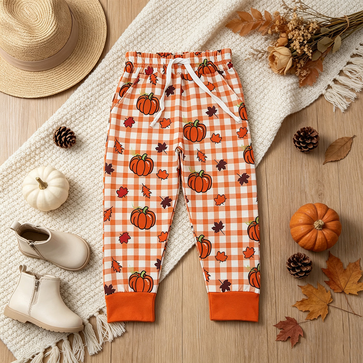 RTS NO MOQ （In stock）P1198 Baby Boys Leaves Pumpkins Checked Fall Pockets Joggers Bottom