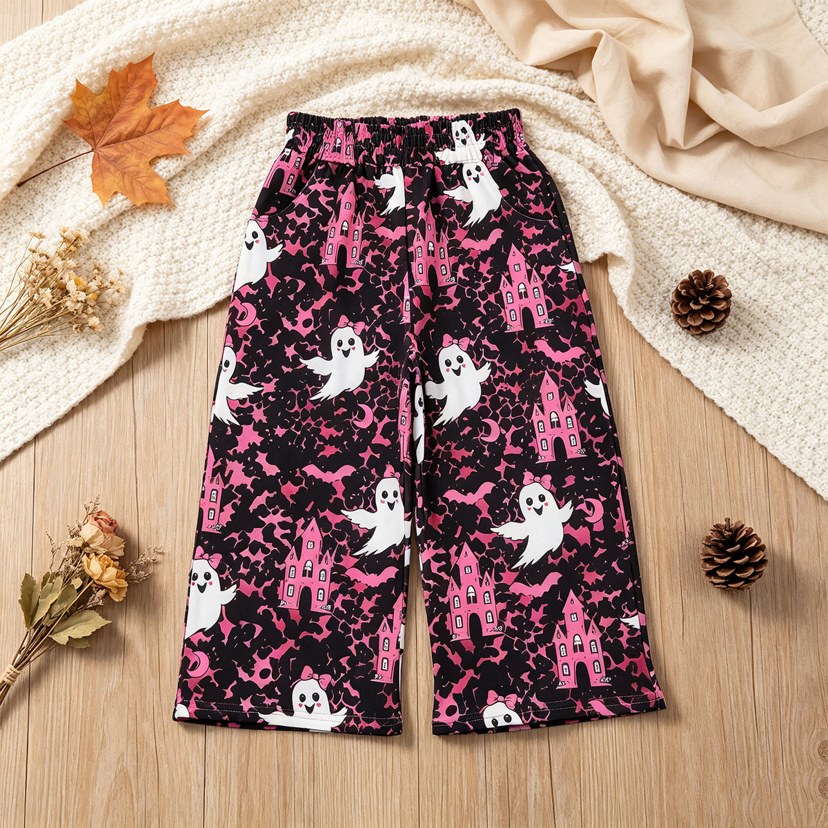 RTS NO MOQ （In stock）milk silk P1134 Baby Girls Ghosts Castles Bats Halloween Pockets Flare Pants Bottom