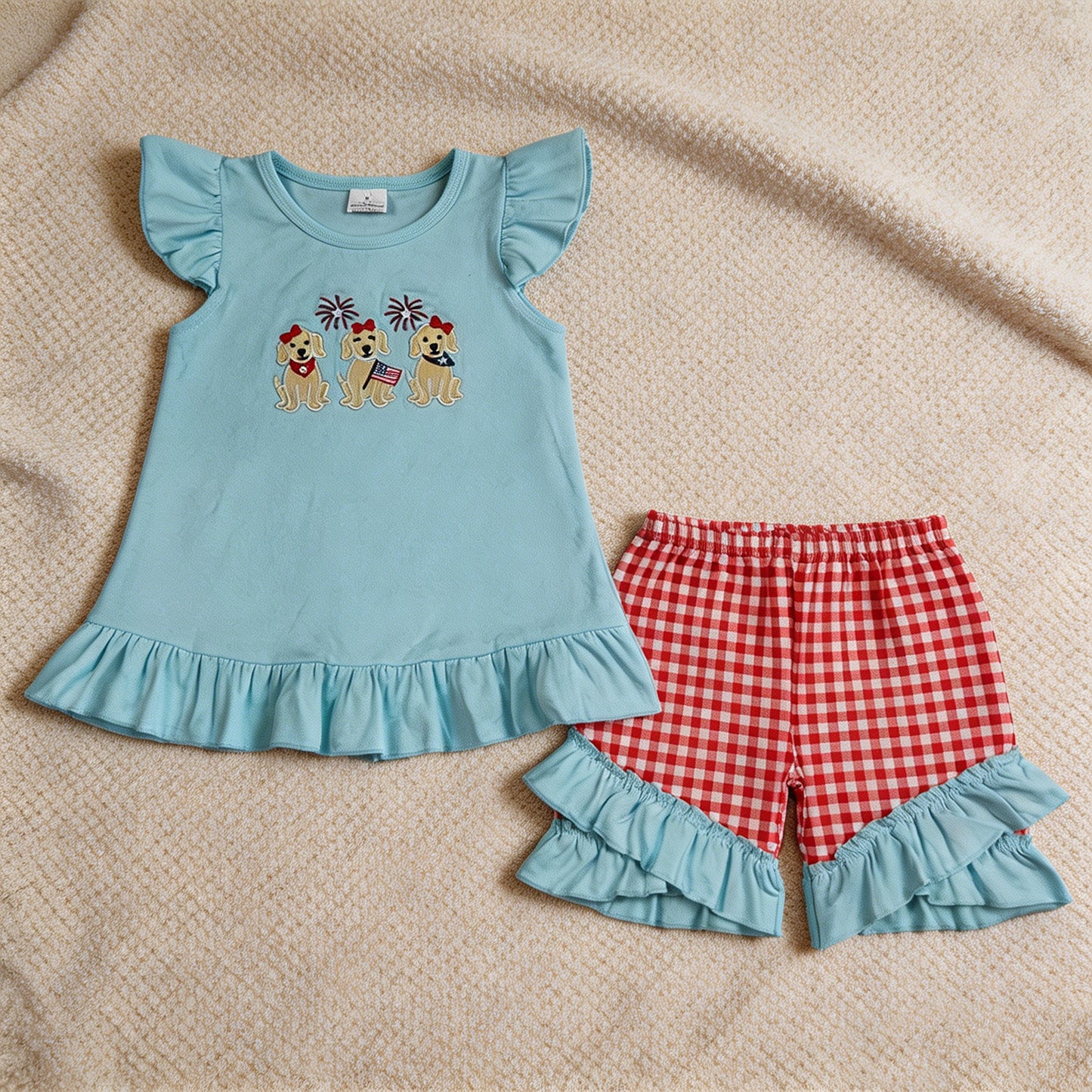 GSSO3356 RTS NO MOQ （In stock）Flutter sleeves dog flag embroidery girls 4th of july set