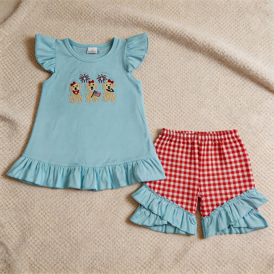 GSSO3356 RTS NO MOQ （In stock）Flutter sleeves dog flag embroidery girls 4th of july set