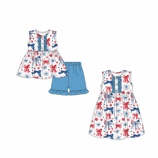 Girls Sleeveless Blue Red Bow Tunic Shorts Outfit for 4th of July Independence Day Celebration