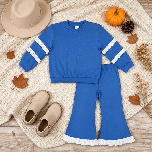 RTS NO MOQ （In stock）cotton GLP3719（GT1860+P1170）Baby Girls Blue White Long Sleeve Top Flare Pants Set