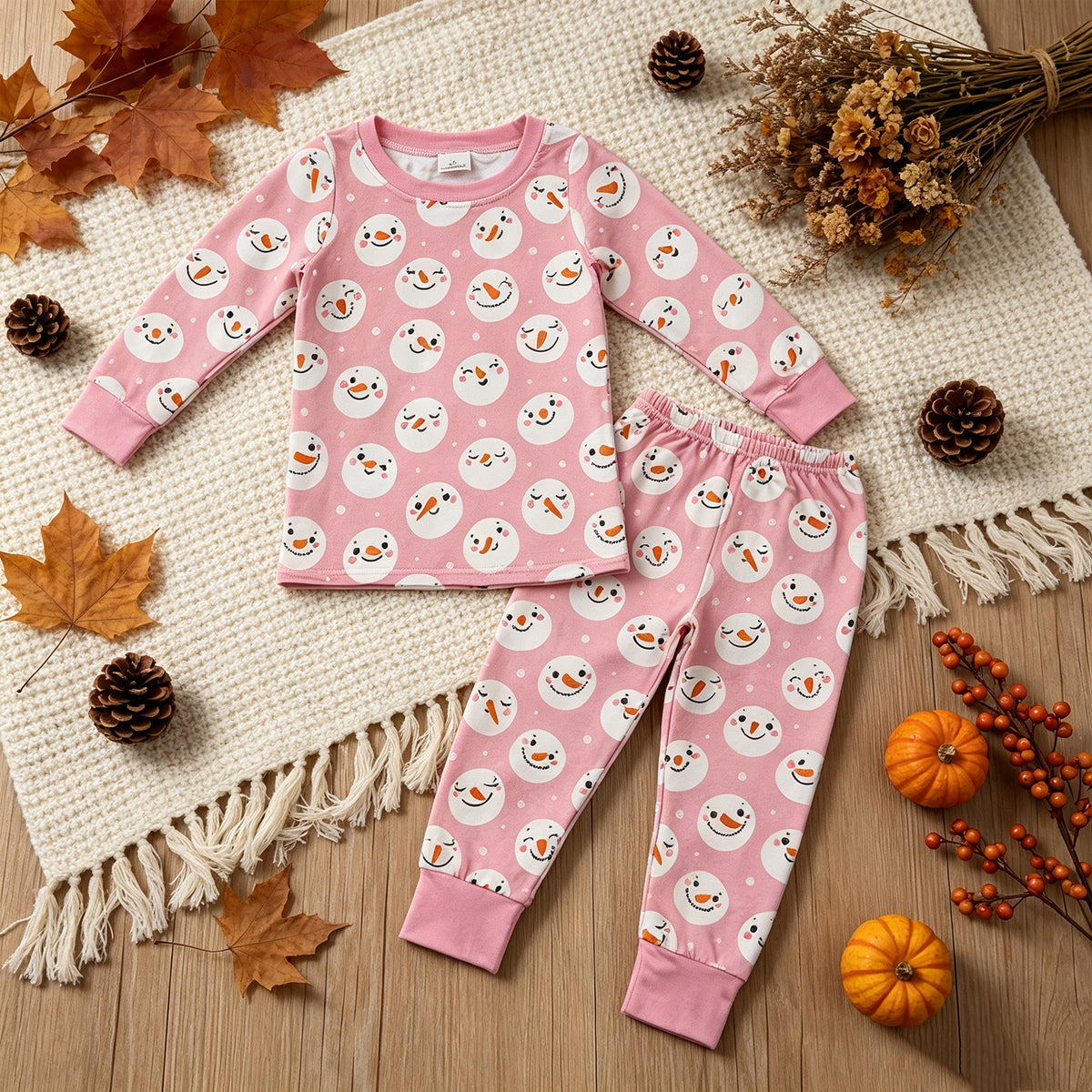 RTS NO MOQ （In stock） GLP3543 Baby Girls Pink Snowmen Top Pants Christmas Pajamas Sets