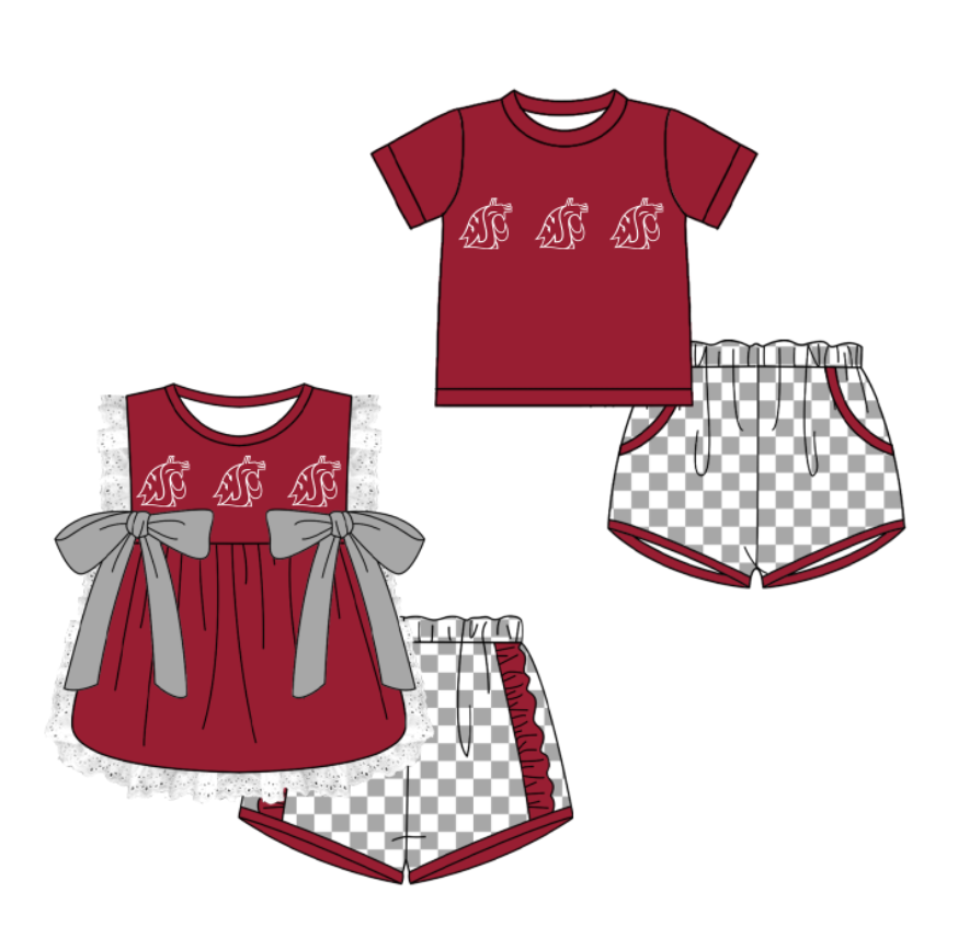 CUSTOM MOQ 5 Cute Comfortable Clothing For Kids Sibling Boys Baby Girls Summer Dark Red Bow Top Gray Checked Shorts Team Clothes Sets