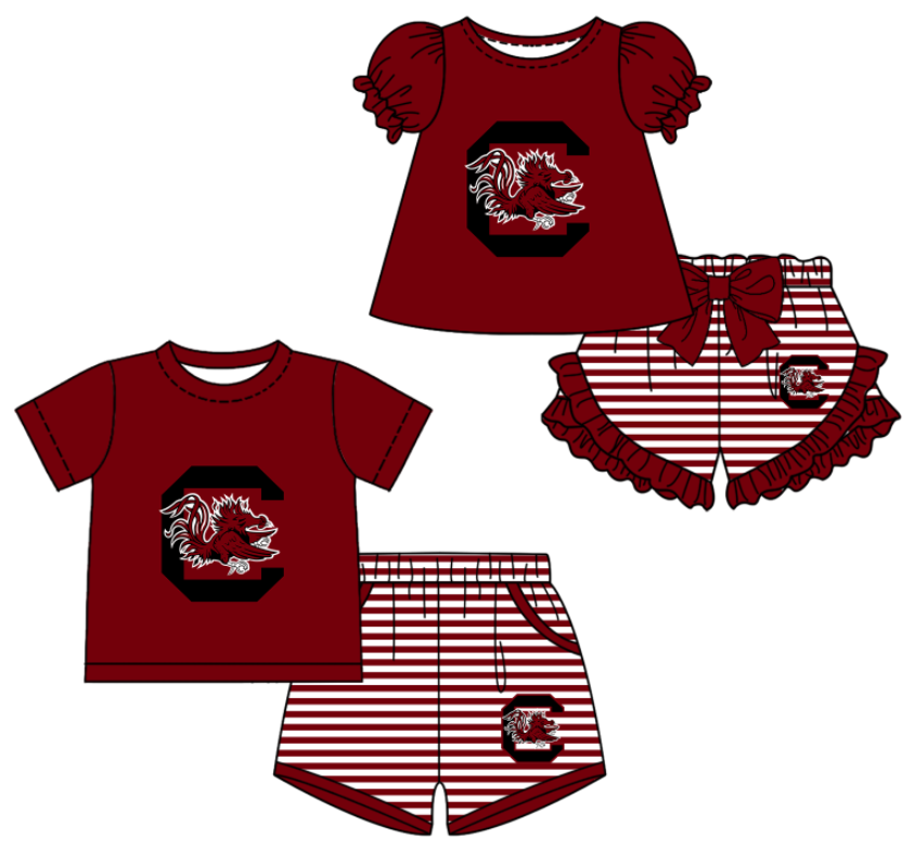 CUSTOM MOQ 5 Sibling Boys Baby Girls Red C Top Stripe Shorts Clothes Sets
