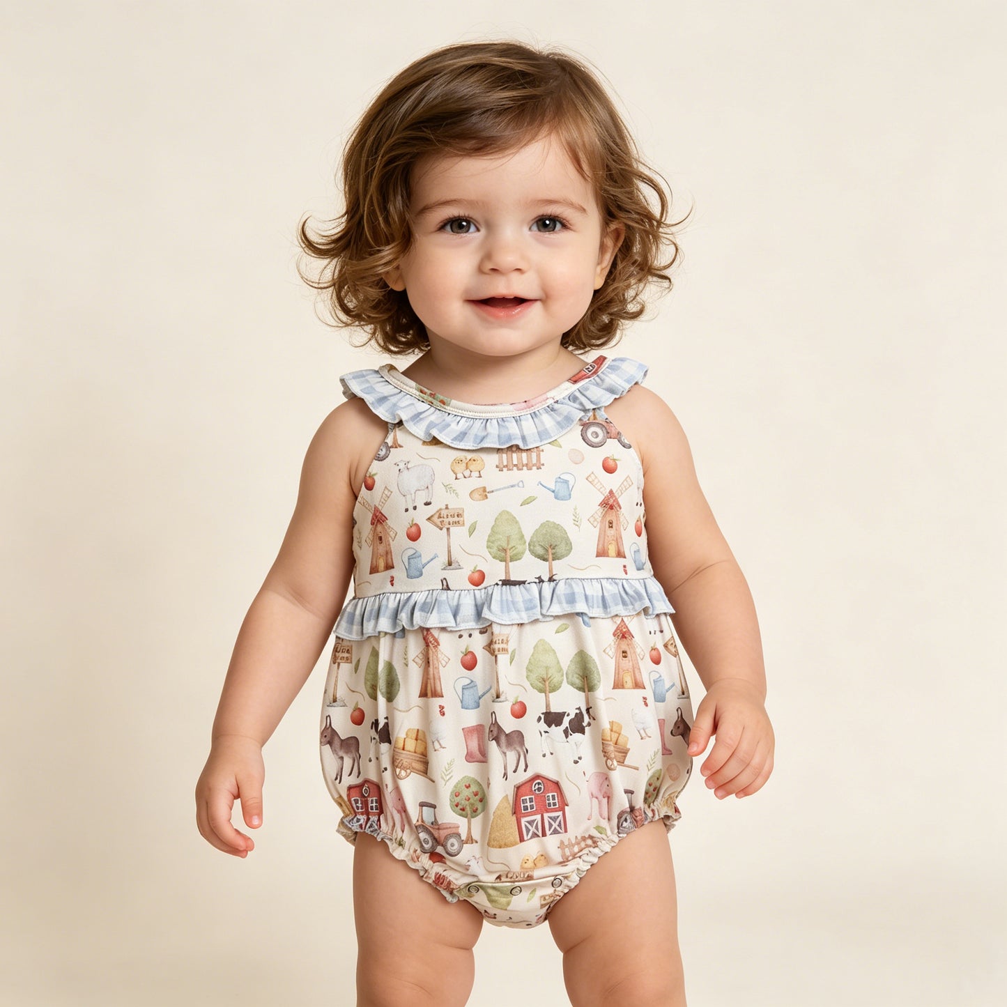 SR3852 RTS NO MOQ （In stock）Sleeveless plaid ruffle farm baby girls romper