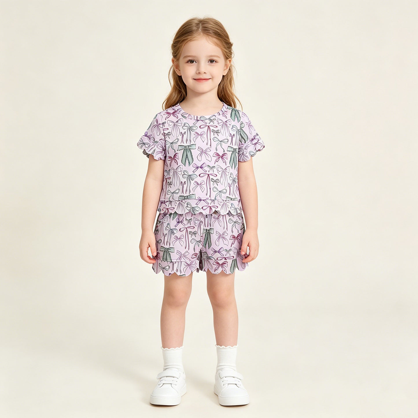 GSSO3409 RTS NO MOQ （In stock ）Short sleeves bows scallop top shorts girls summer clothes