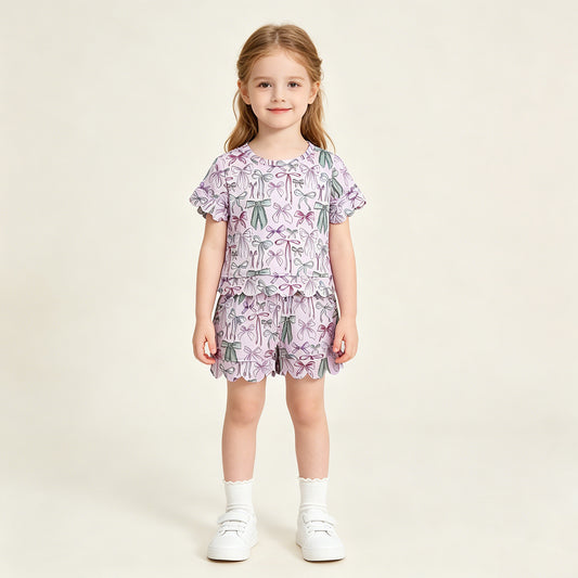 GSSO3409 RTS NO MOQ （In stock ）Short sleeves bows scallop top shorts girls summer clothes