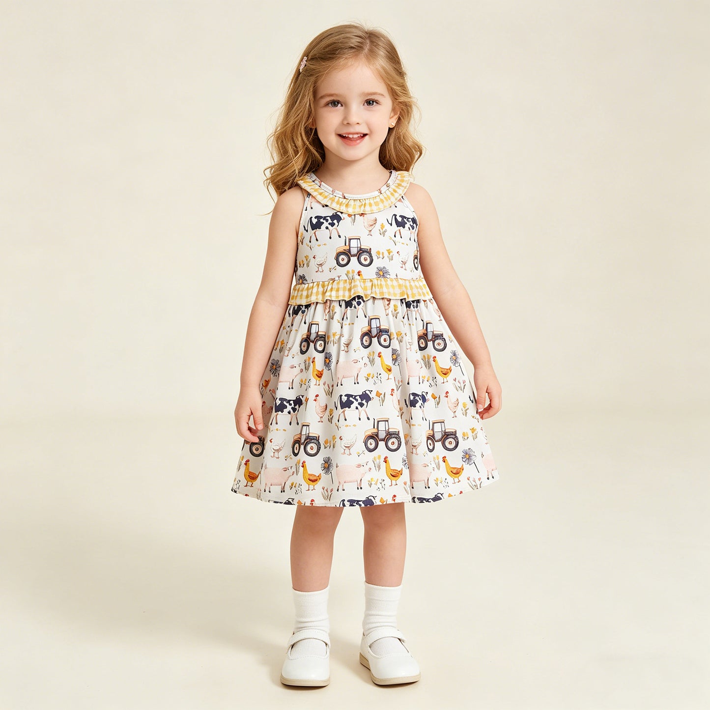 GSD3476 RTS NO MOQ （In stock ）Yellow plaid ruffle farm kids girls summer dresses