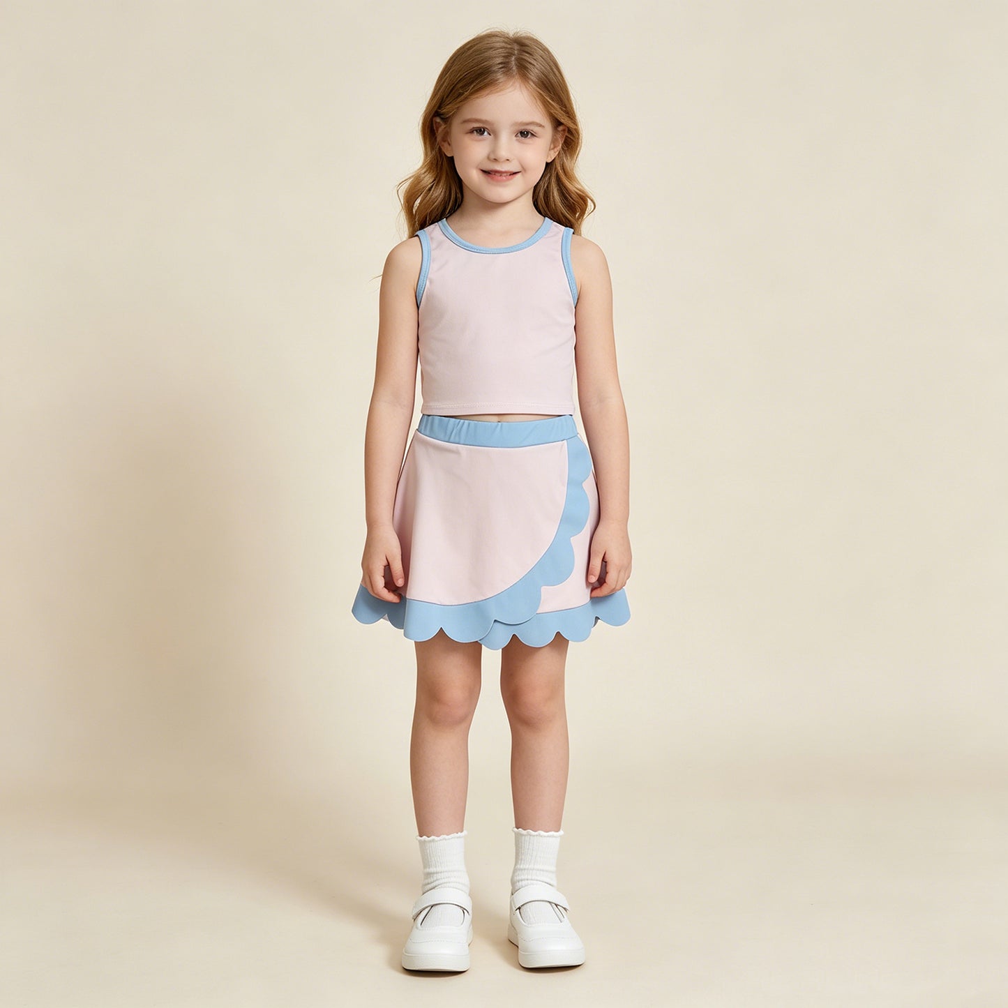 GSD4010 RTS NO MOQ （In stock）Sleeveless light pink blue scallop kids girls active wear set