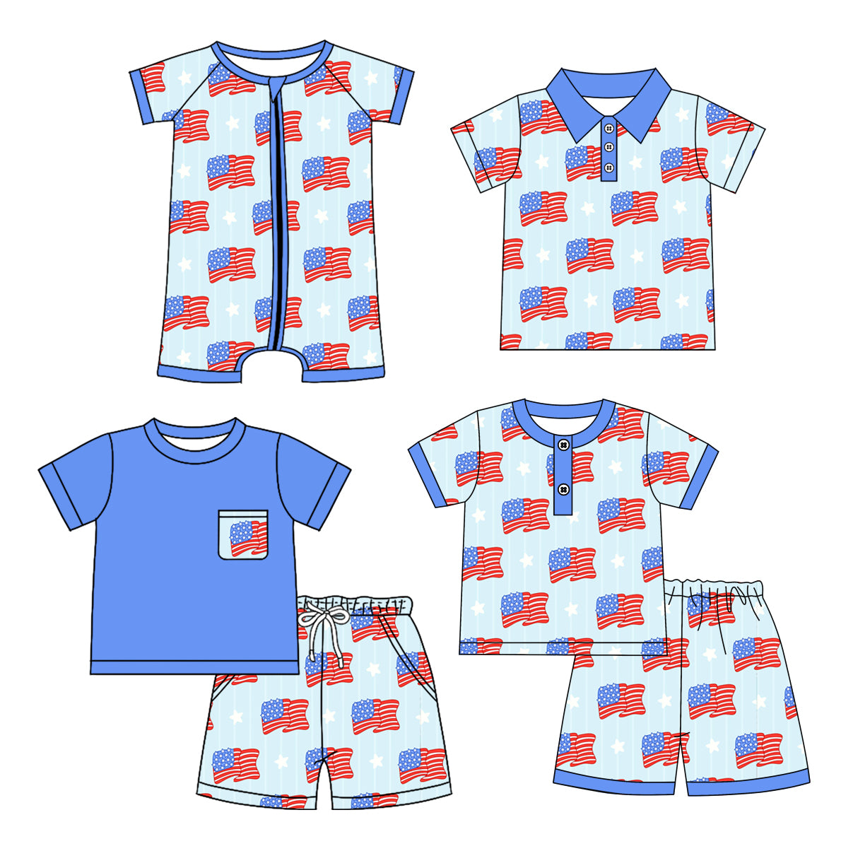 Short sleeves flag stars top shorts boys 4th of july pajamas