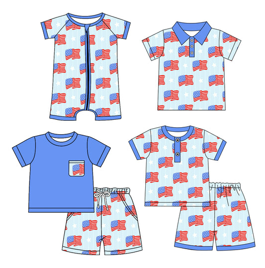 Short sleeves flag stars top shorts boys 4th of july pajamas