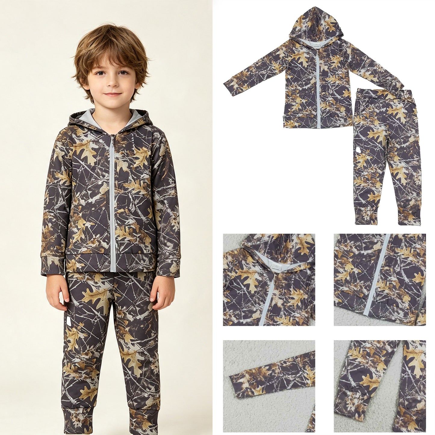 BLP1439 RTS NO MOQ （In stock）milk silk Baby Boys Southern Leaves Camo Pocket Zip Hoodies Jacket Joggers Clothes Sets