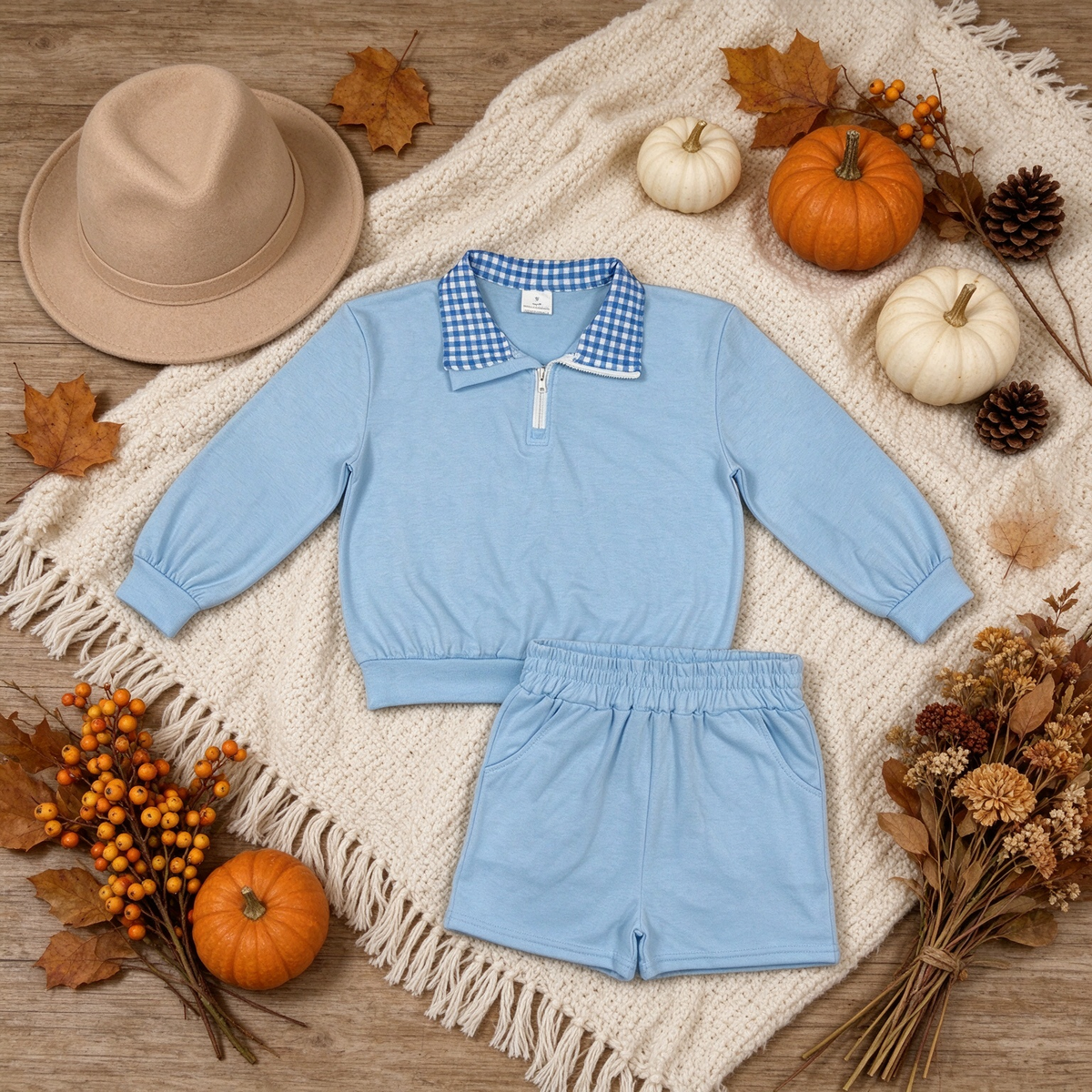 RTS NO MOQ （In stock）cotton GLS0226 Baby Girls Light Blue Long Sleeve Zip Front Pullover Side Pockets Short Clothes Set