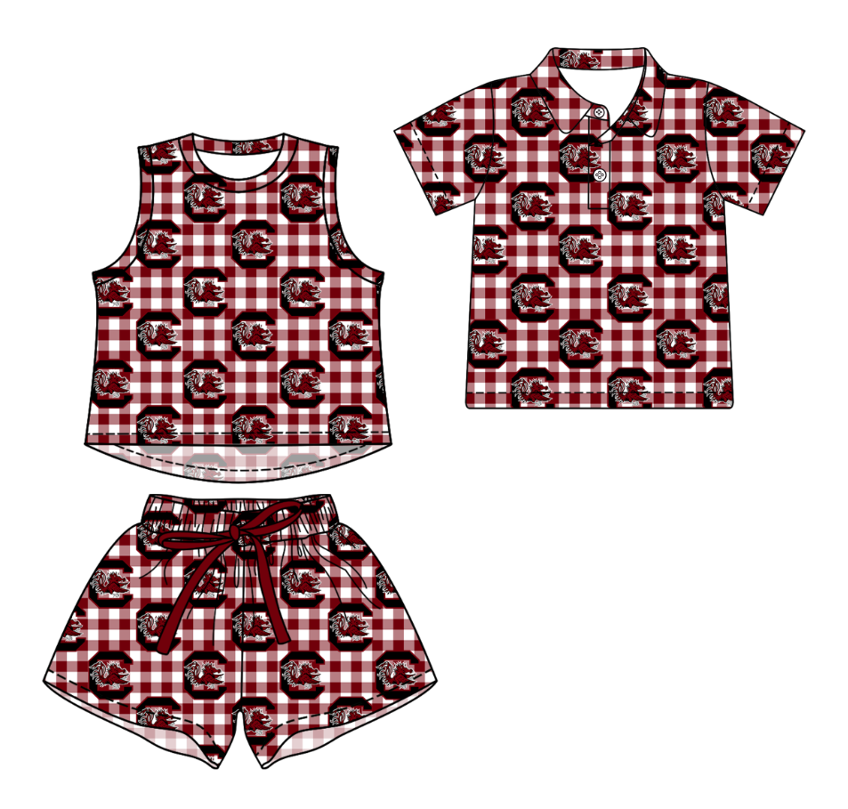 3.13 CUSTOM MOQ 5 Sibling Boys Baby Girls Summer Fashion Red Check C Sleeveless Top Shorts Button Polo Shirts Team Clothes Sets