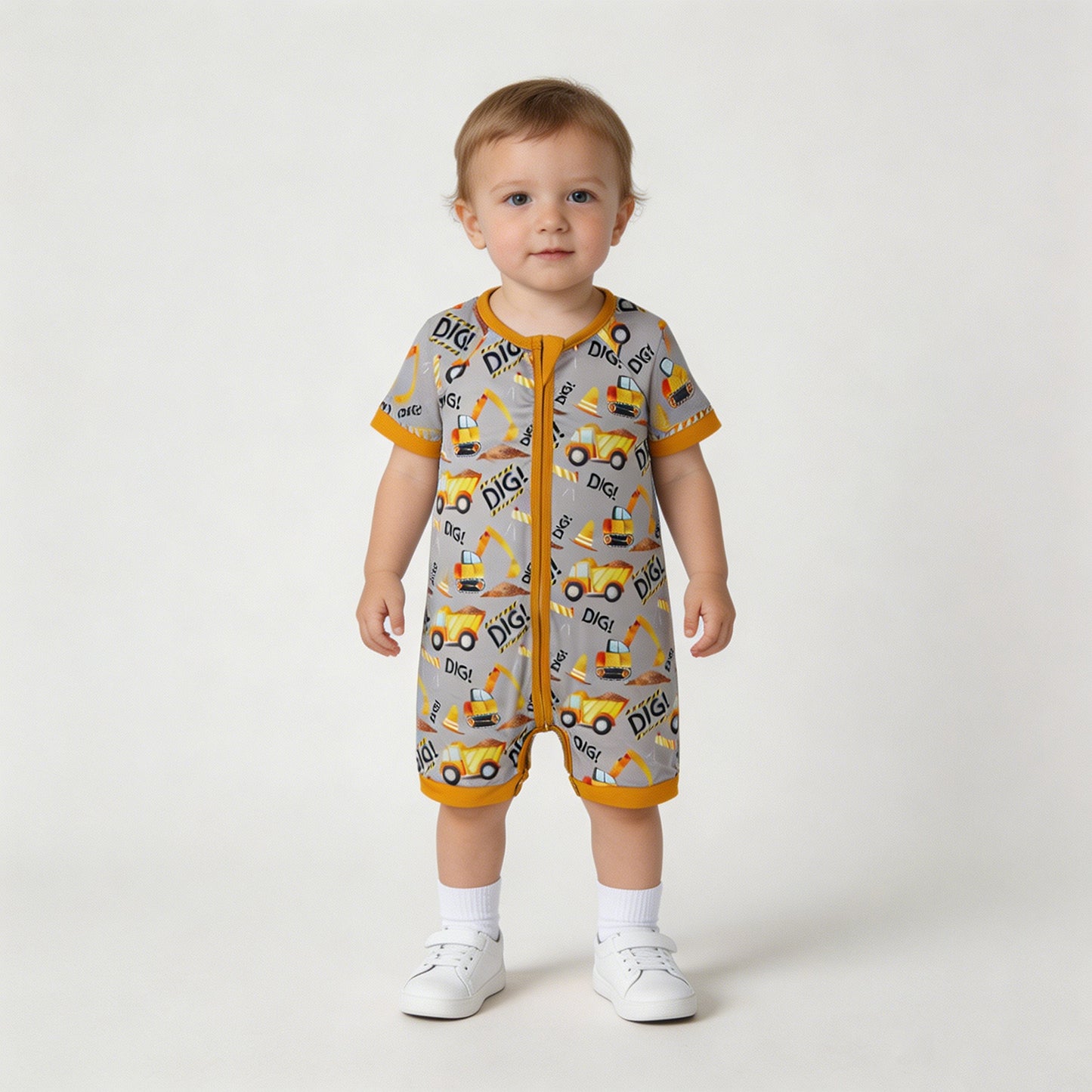 SR0844 RTS NO MOQ （In stock）Short sleeves dig excavator baby boy zipper romper