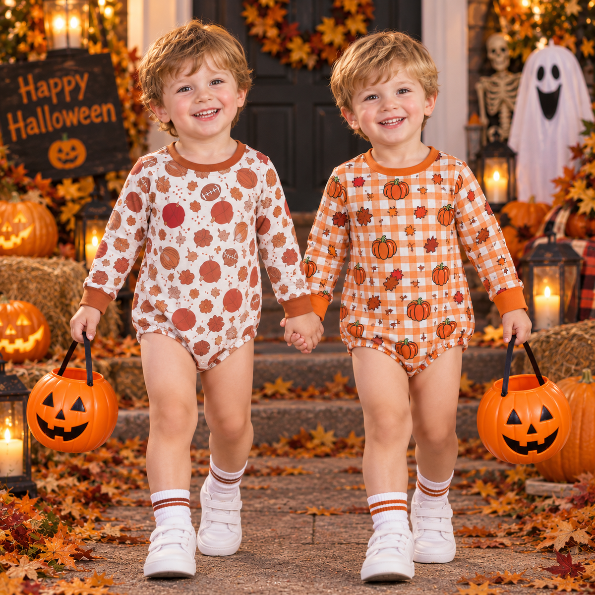 RTS NO MOQ Sibling milk silk Baby Boys Long Sleeve Pumpkins Fall Romper