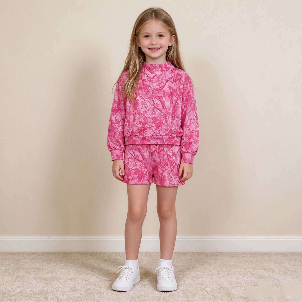 RTS NO MOQ （In stock）milk silk GLS0196（GT1823+SS0993）Baby Girls Pink Leaf Camo Print Crew Neck Long Sleeve Top With Pockets Casual Shorts Summer Daily Clothes Set