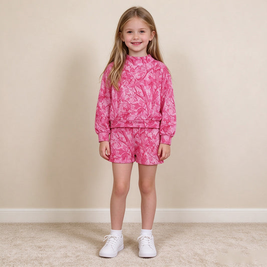 RTS NO MOQ （In stock）milk silk GLS0196（GT1823+SS0993）Baby Girls Pink Leaf Camo Print Crew Neck Long Sleeve Top With Pockets Casual Shorts Summer Daily Clothes Set