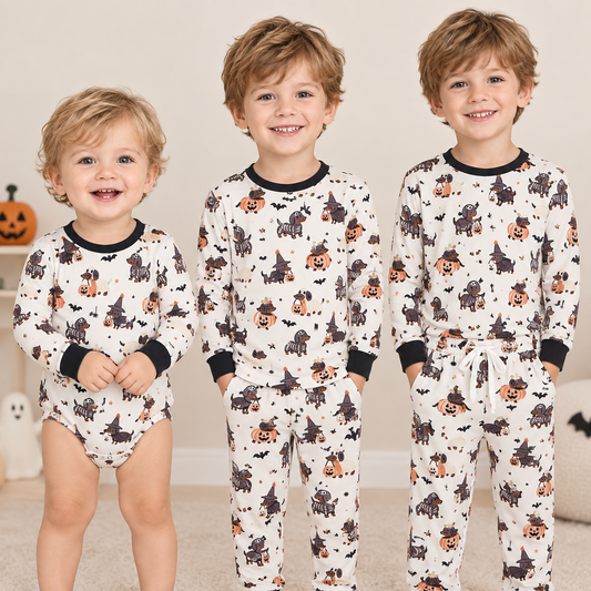 RTS NO MOQ Sibling milk silk Baby Boys Dog Pumpkin Print Long Sleeve Romper And Pajama Set Kids Fall Outfit